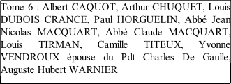 Tome 6 : Albert CAQUOT, Arthur CHUQUET, Louis DUBOIS CRANCE, Paul HORGUELIN, Abbé Jean Nicolas MACQUART, Abbé Claude MACQUART, Louis TIRMAN, Camille TITEUX, Yvonne VENDROUX épouse du Pdt Charles De Gaulle, Auguste Hubert WARNIER