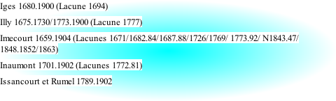 Iges 1680.1900 (Lacune 1694) Illy 1675.1730/1773.1900 (Lacune 1777) Imecourt 1659.1904 (Lacunes 1671/1682.84/1687.88/1726/1769/ 1773.92/ N1843.47/ 1848.1852/1863) Inaumont 1701.1902 (Lacunes 1772.81) Issancourt et Rumel 1789.1902